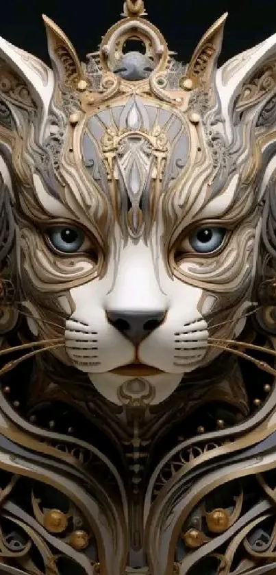 Intricate gold and white cat art on a stylish black background.