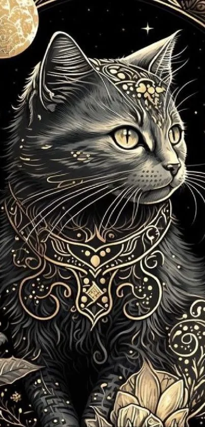 Intricate cat illustration with a celestial night theme.