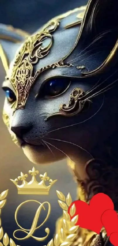 Fantasy cat in golden armor with intricate details and blue eyes.