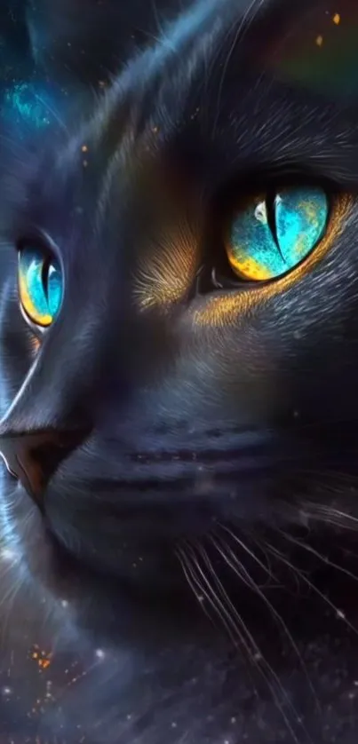 Elegant cat with glowing eyes in a galaxy-themed wallpaper.