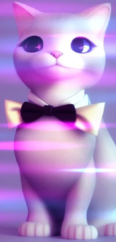 Elegant white cat with bow tie on a purple background.