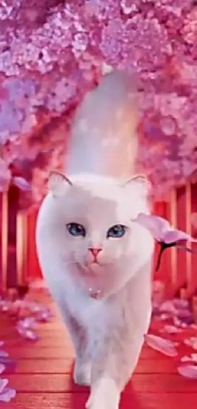 Elegant white cat walking under cherry blossom canopy.