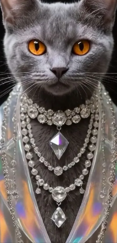 Gray cat wearing dazzling crystal necklaces.