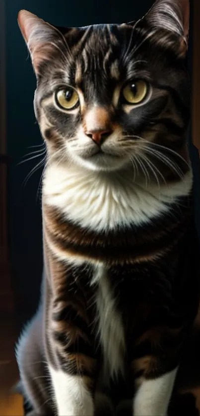 Elegant cat with bright eyes in dim lighting, perfect for phone wallpaper.