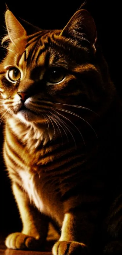 Majestic tabby cat in dramatic lighting on a dark background.