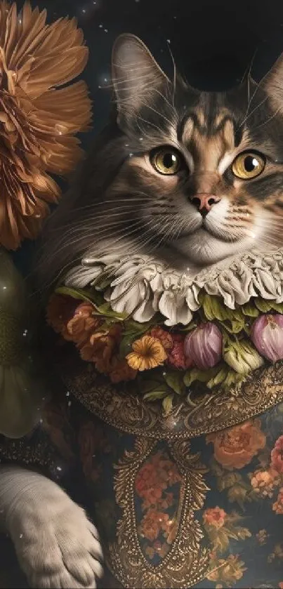 Regal cat in floral dress surrounded by vibrant flowers.