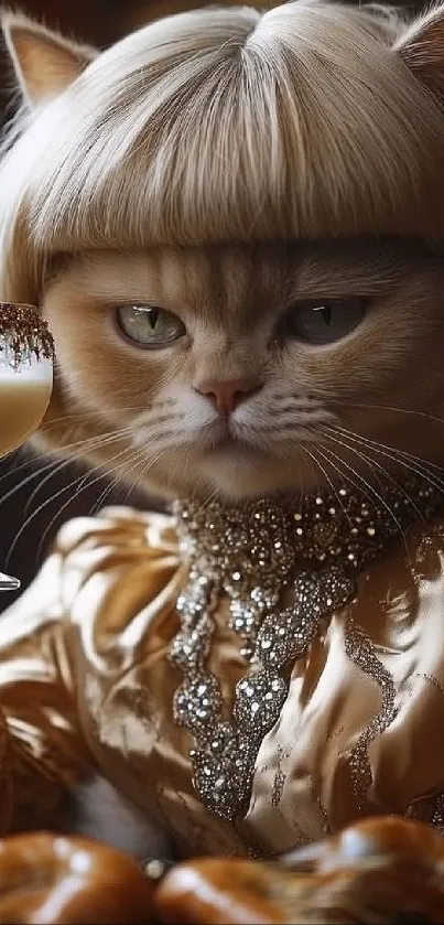 A regal cat dressed in glamorous attire holding a cocktail glass.