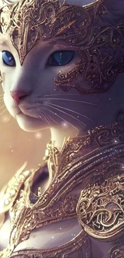 Elegant cat in golden armor, fantasy art wallpaper.