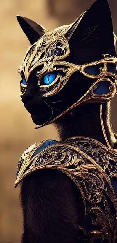 Majestic cat in golden armor with striking blue eyes, digital art.