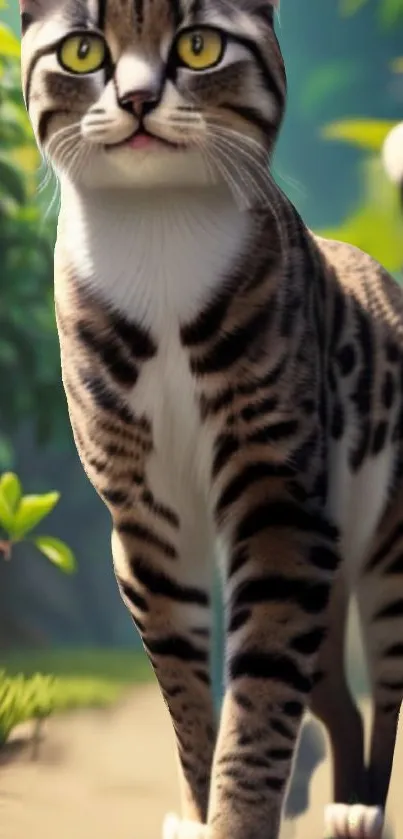 Elegant cat walking through green garden.