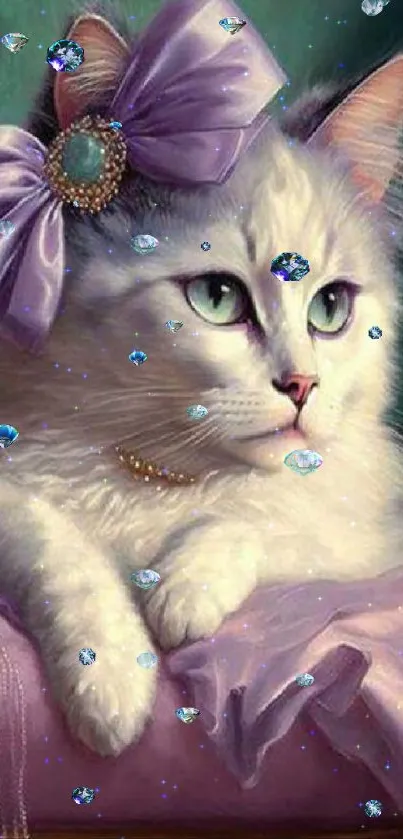 White cat with purple bow on vintage styled background.