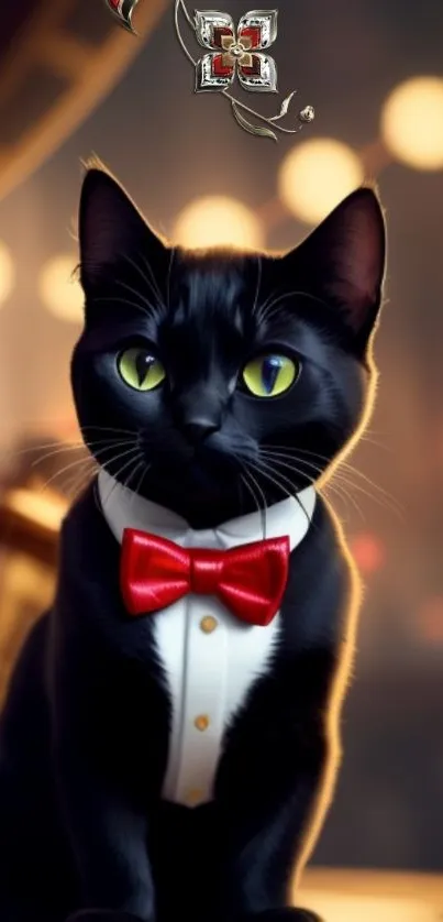 Black cat in tuxedo with red bow tie on elegant background.