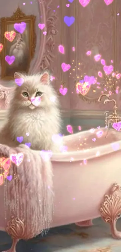 Fluffy cat in a pink vintage bathtub with elegant decor.