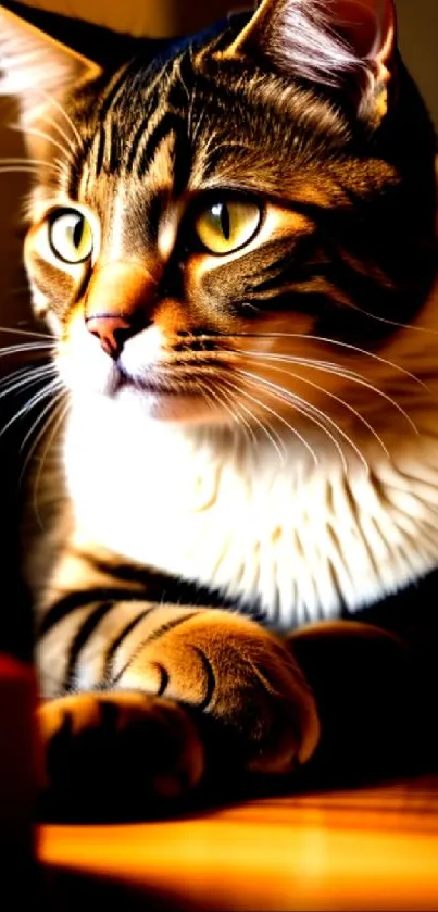 Elegant cat in warm orange light, lying peacefully.