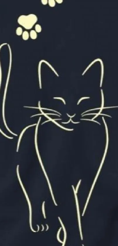 Minimalist line art of a cat with paw prints on navy background.