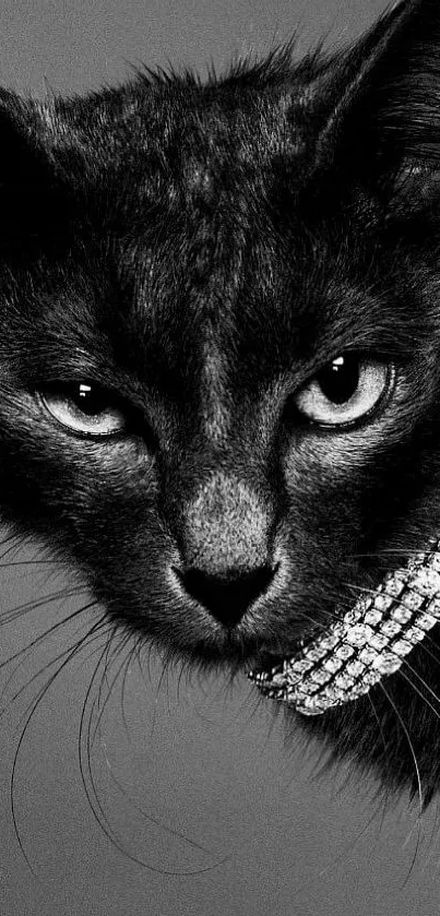 Black cat with diamond collar on phone wallpaper.