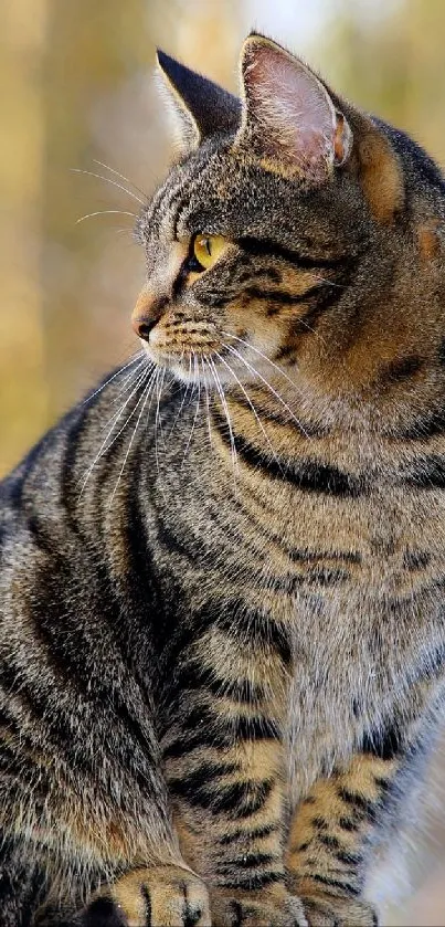 An elegant tabby cat gazing sideways outdoors.