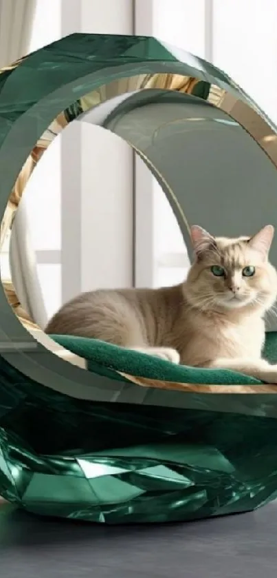 Cat sitting on an emerald crystal chair with a window backdrop.