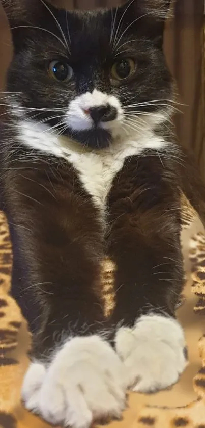 Elegant cat resting on leopard print fabric.