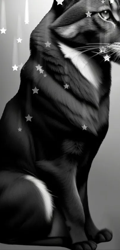 Elegant black and white cat silhouette with star accents for mobile wallpaper.