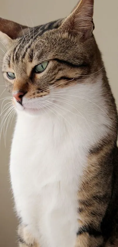 A close-up portrait of a tabby cat with green eyes.