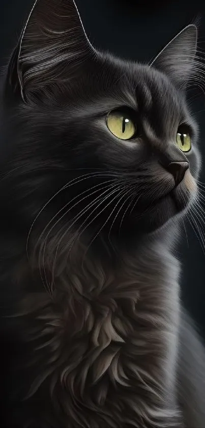 Digital art of a cat with yellow eyes and black fur, perfect for wallpaper.