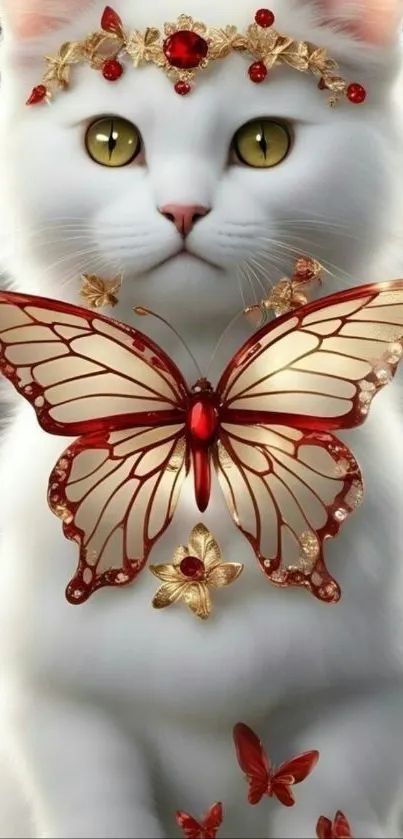 White cat adorned with a butterfly and jeweled decorations.