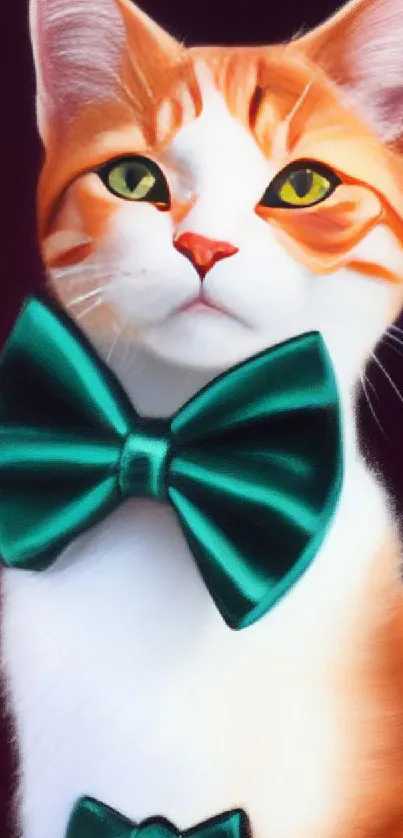 Elegant ginger cat with green bow tie portrait.