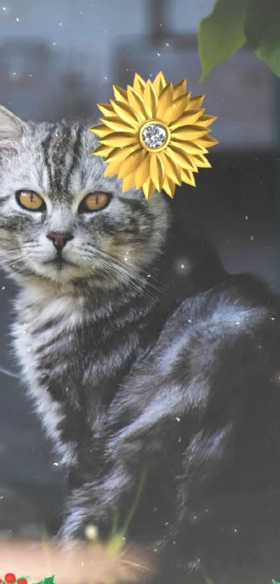 Elegant grey cat with a sunflower accessory and floral frame.