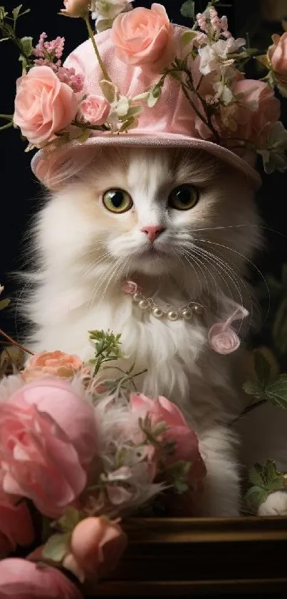 White cat wearing pink floral hat with roses.