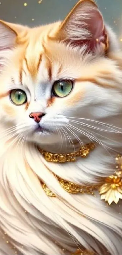 Elegant cat with gold accents in a beige and cream fur coat for mobile wallpaper.