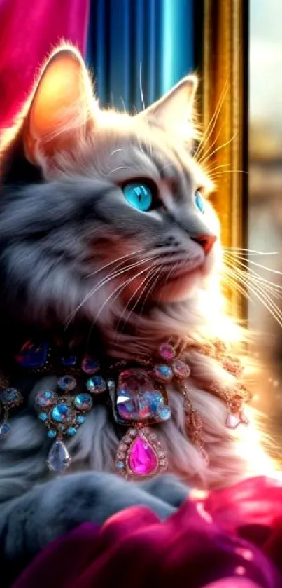 A majestic cat with jewelry by a window.