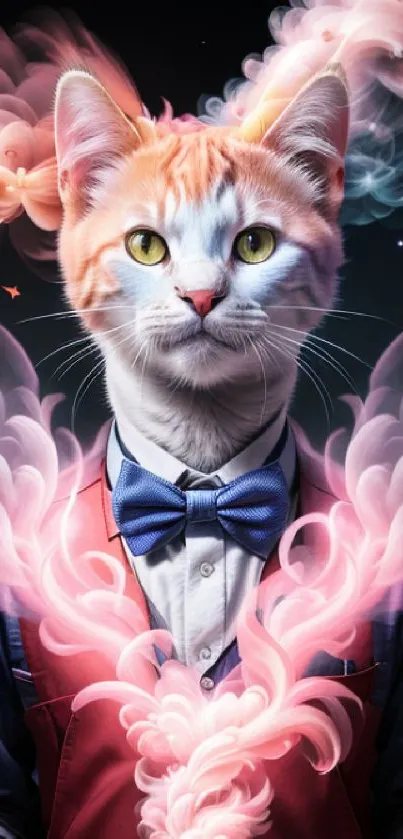 Dapper cat in bow tie with mystical pink aura on mobile wallpaper.