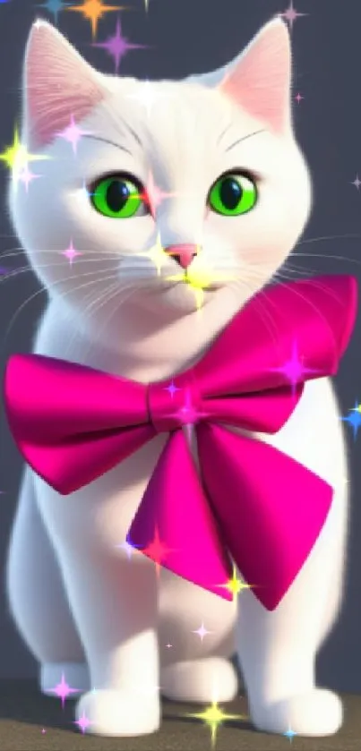 White cat with pink bow and green eyes on a dark background.