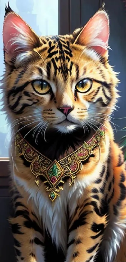 Elegant cat wearing a regal necklace in luxurious setting.