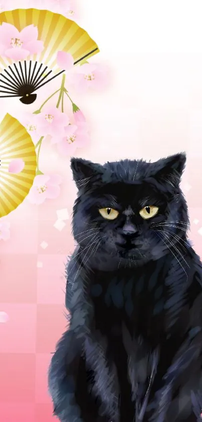 Black cat with sakura fans on a pink gradient background.