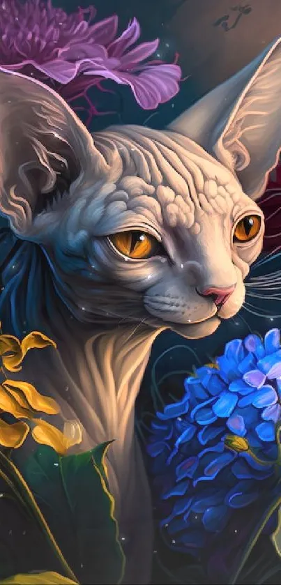 Hairless cat amidst vibrant flowers in dark blue hues.