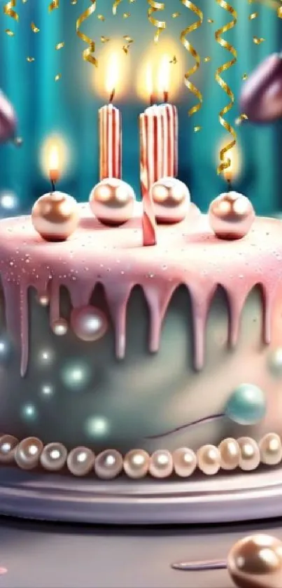 Elegant birthday cake with candles and pearl decorations.