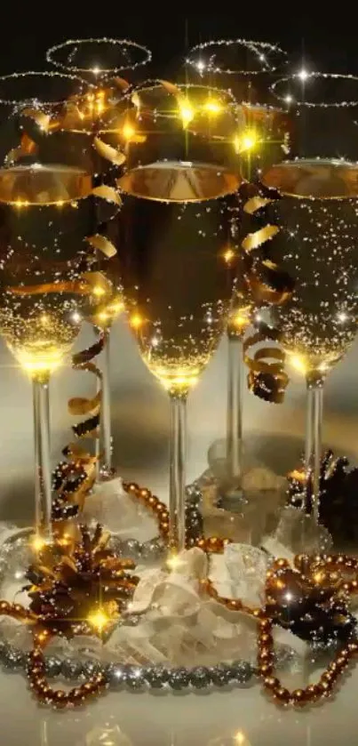 Gold champagne glasses with sparkling beads.