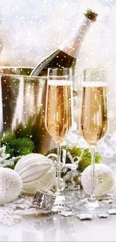 Festive wallpaper with champagne and holiday decorations.