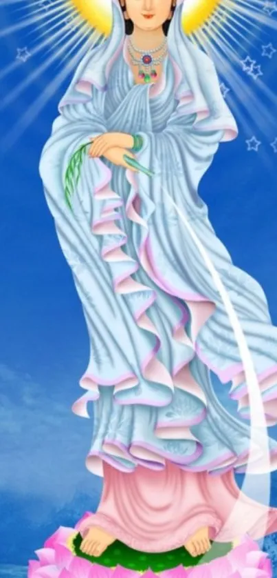 Serene divine figure on pink lotus with vibrant blue sky backdrop.