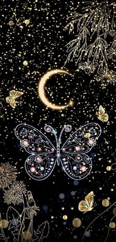 Elegant butterfly with celestial theme and floral accents on dark background.