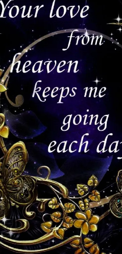 Celestial wallpaper with golden butterflies and a heartfelt quote on a dark background.