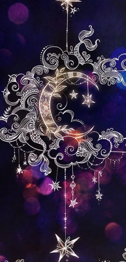 Intricate white moon design on purple wallpaper.