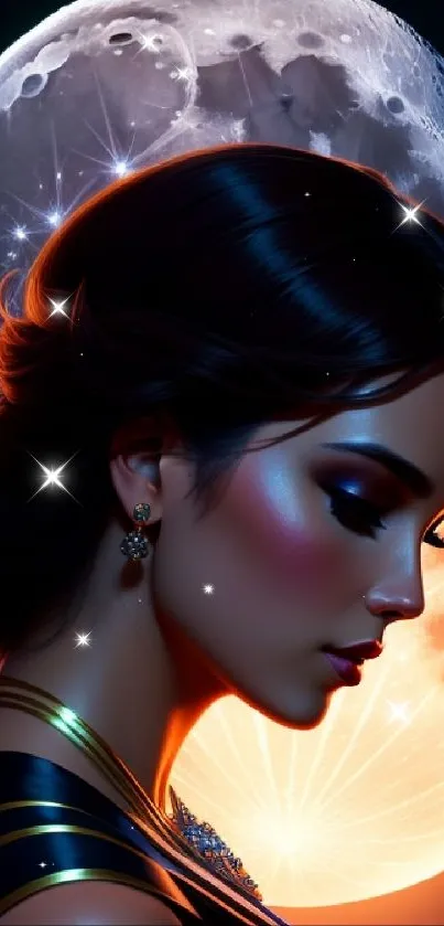 Elegant woman in moonlight with celestial background, art wallpaper.