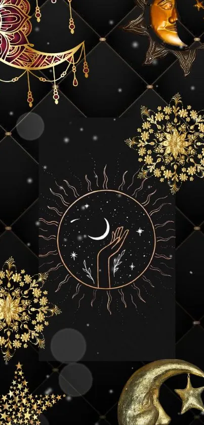 Elegant celestial wallpaper with sun, moon, and stars on a black background.