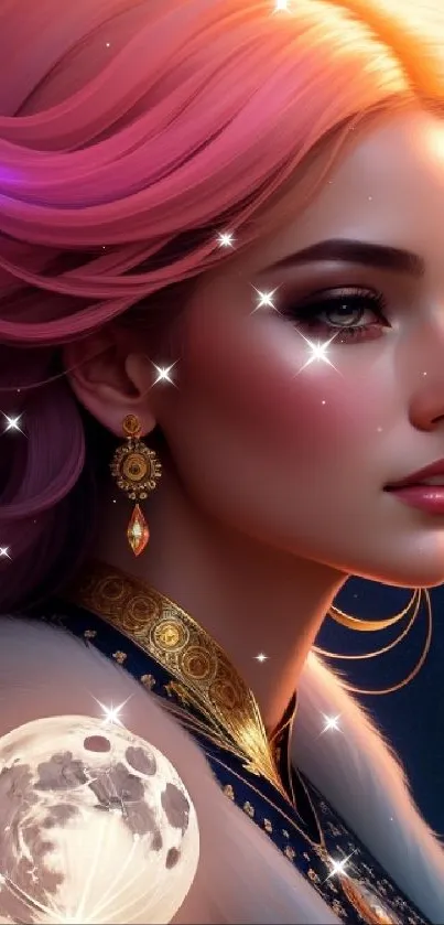 Elegant woman with pink hair under a celestial sky in artistic wallpaper.