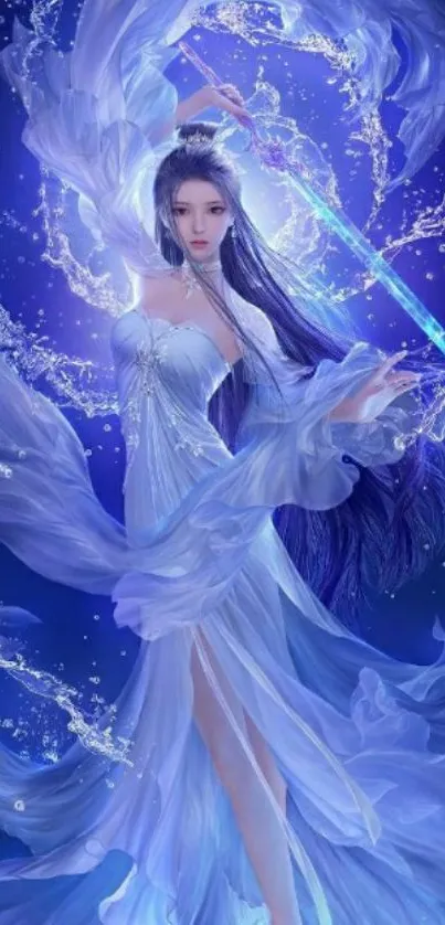 Celestial woman in flowing violet dress with mystical aura.