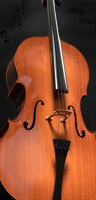 Elegant wooden cello on a dark background with music notes.