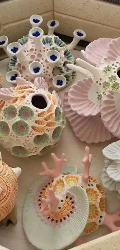 Intricate ceramic coral sculptures in pastel colors.